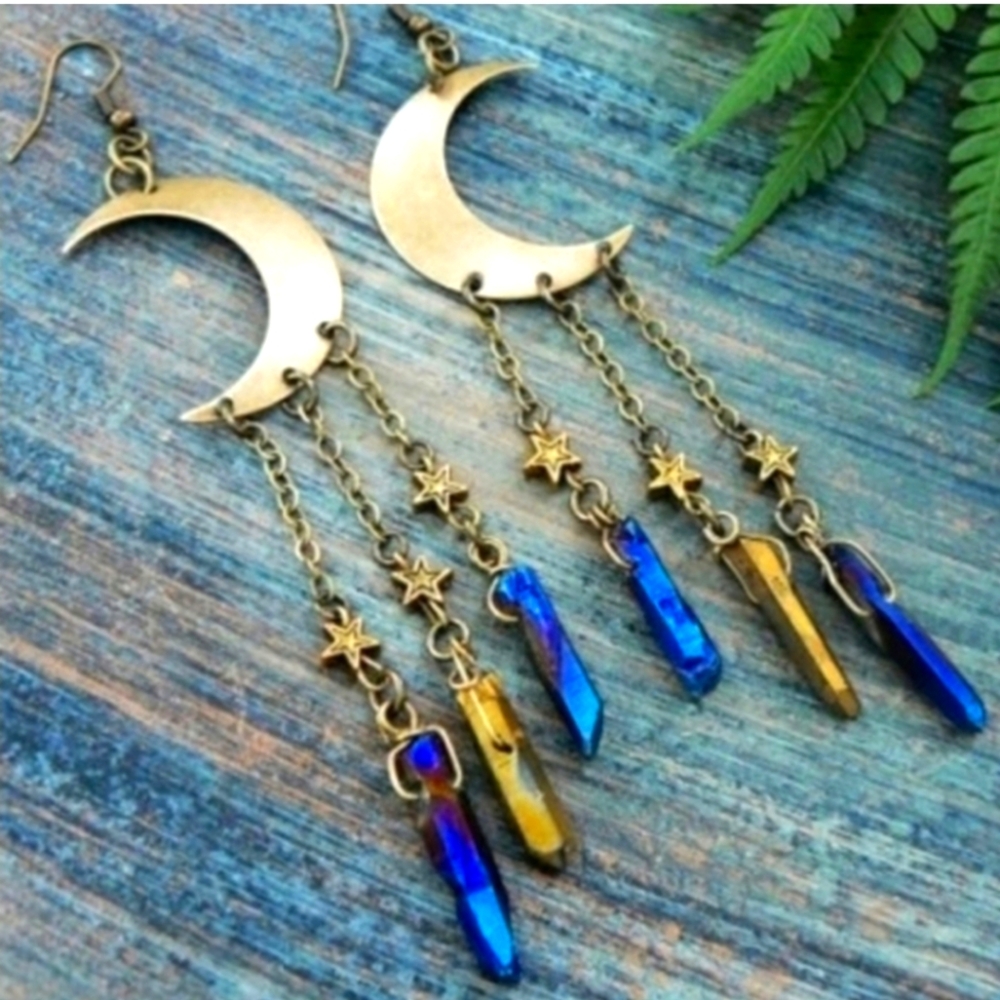 NWOT Free People Celestial Moon & Multi Colored Crystal Earrings